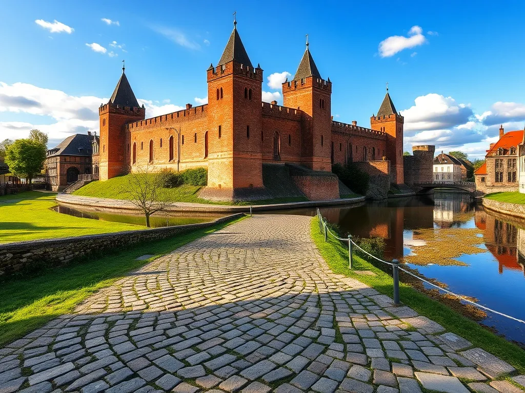 Gotycki zamek w Malborku nad rzeką w słoneczny dzień, widok z brukowanej ścieżki otoczonej zielenią.