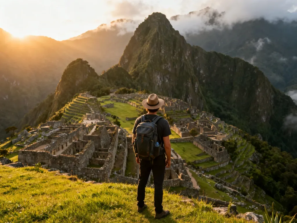 Podróżnik z plecakiem podziwia o świcie ruiny Machu Picchu na tle zielonych gór i mgieł, planując zwiedzanie Peru.