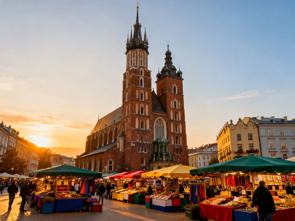 Widok na gotyckie wieże Kościoła Mariackiego w Krakowie o zachodzie słońca, z kolorowymi kramami na Rynku Głównym.