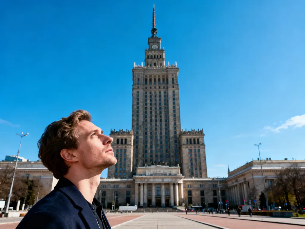 Mężczyzna stojący na placu przed Pałacem Kultury i Nauki w Warszawie, patrzący w górę na wieżowiec.