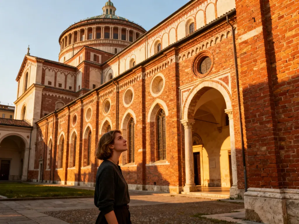 Turystka podziwiająca renesansową fasadę kościoła Santa Maria delle Grazie w Mediolanie w ciepłym świetle zachodzącego słońca.