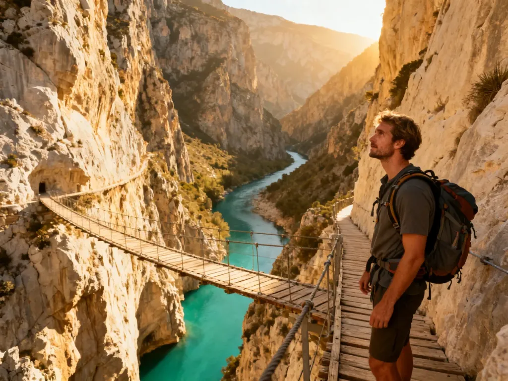 Turysta na wiszącej kładce Caminito del Rey podziwia widok na głęboki kanion i turkusową rzekę w promieniach słońca.