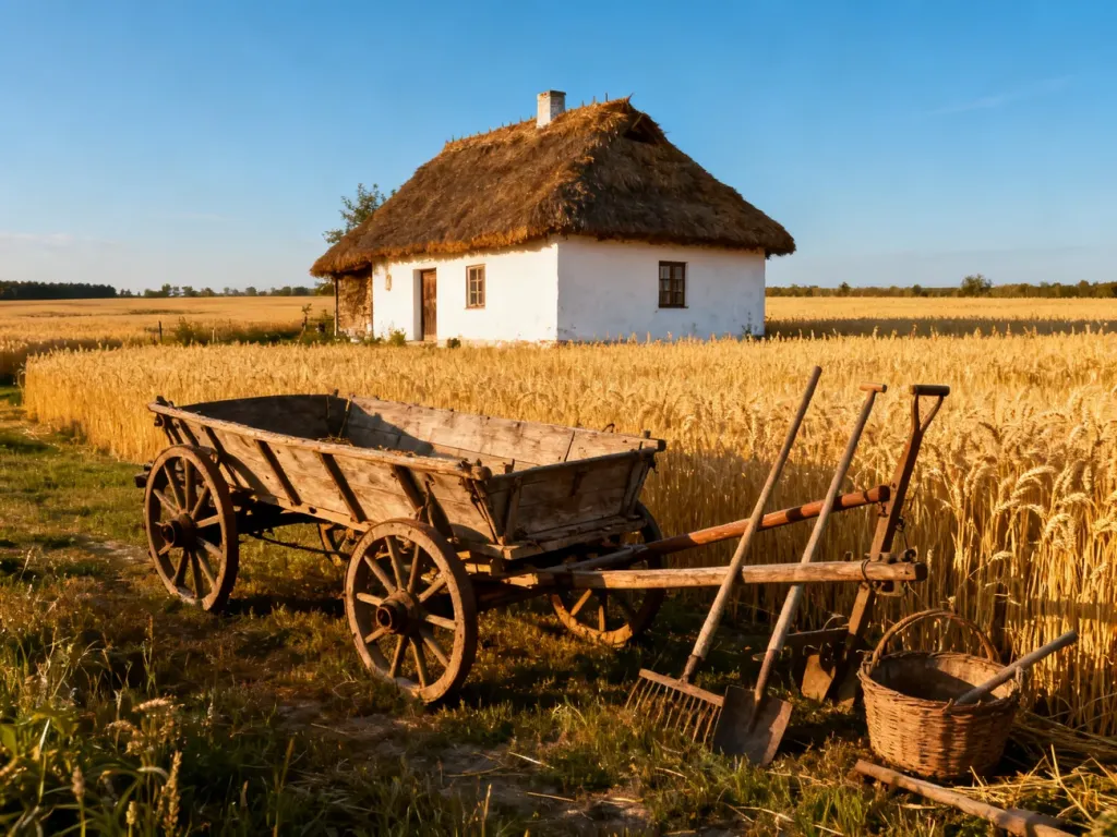 Sielski krajobraz wiejski z drewnianym wozem i tradycyjną chatą, nawiązujący do klimatu filmu „Sami swoi”.