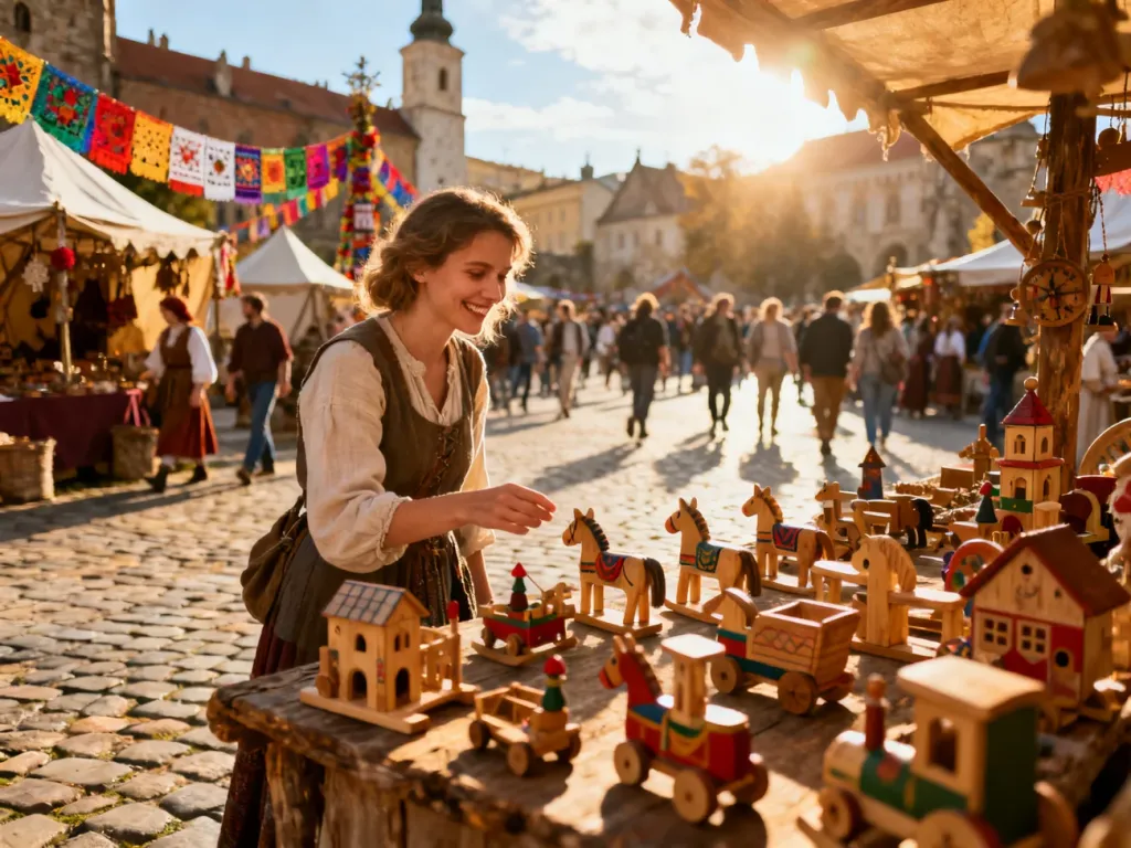 Uśmiechnięta kobieta ogląda ręcznie robione drewniane zabawki na stoisku podczas Jarmarku Jagiellońskiego w Lublinie.