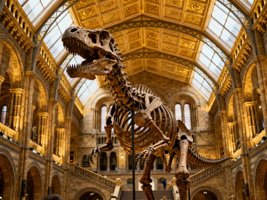 Majestatyczny szkielet dinozaura w bogato zdobionych, zabytkowych wnętrzach Muzeum Historii Naturalnej w Wiedniu.