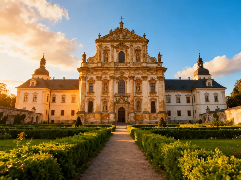 Imponująca barokowa fasada klasztoru cystersów w Lubiążu z ogrodem na pierwszym planie w świetle zachodzącego słońca.