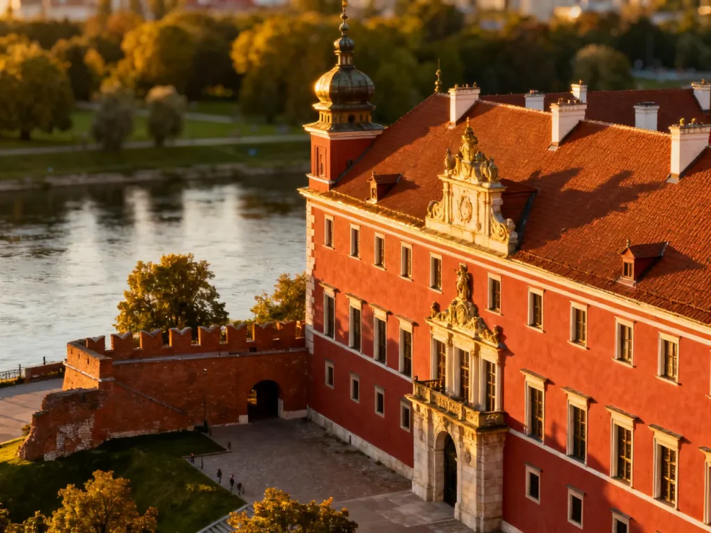 Zamek Królewski w Warszawie o zachodzie słońca, z widokiem na ceglaną fasadę i panoramę Wisły w tle.