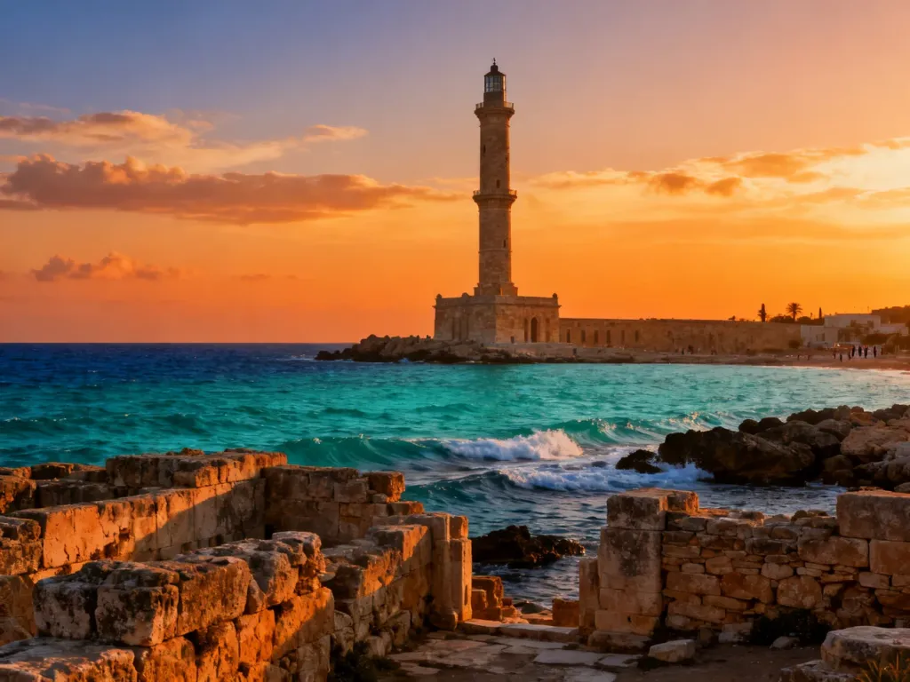 Majestatyczna latarnia morska na Faros w promieniach zachodzącego słońca nad brzegiem Morza Śródziemnego.