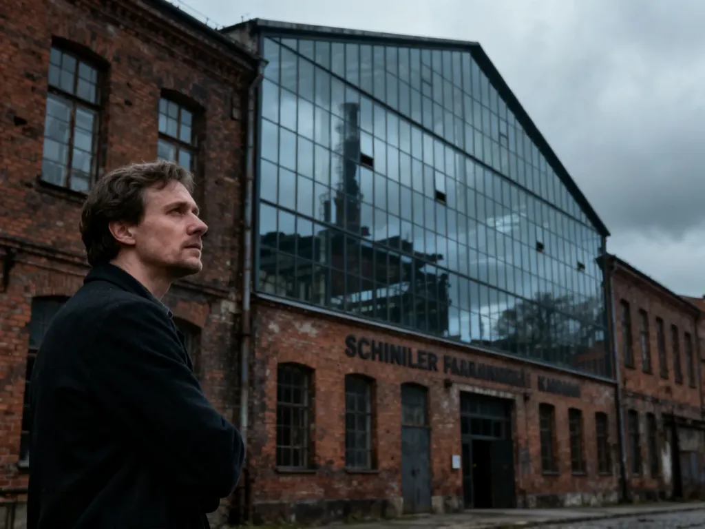 Mężczyzna stojący przed historyczną bramą Fabryki Schindlera w Krakowie na tle industrialnego budynku.