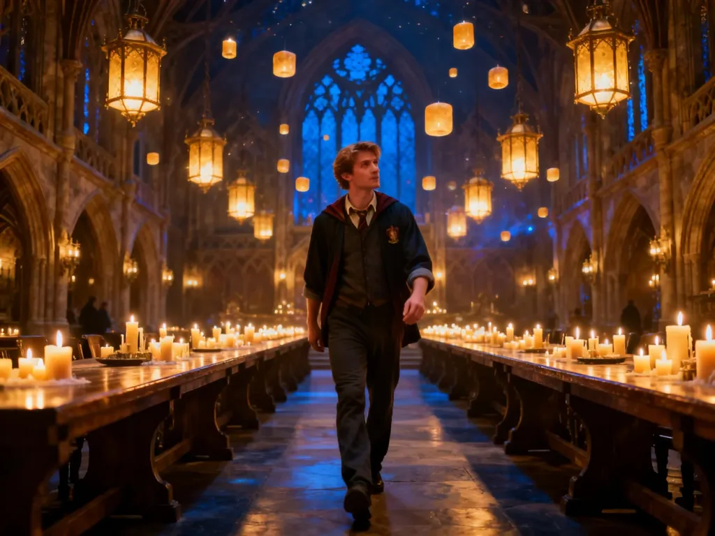 Zwiedzający przechodzi przez Wielką Salę w studiu Warner Bros., wypełnioną długimi stołami i magicznymi, lewitującymi świecami.